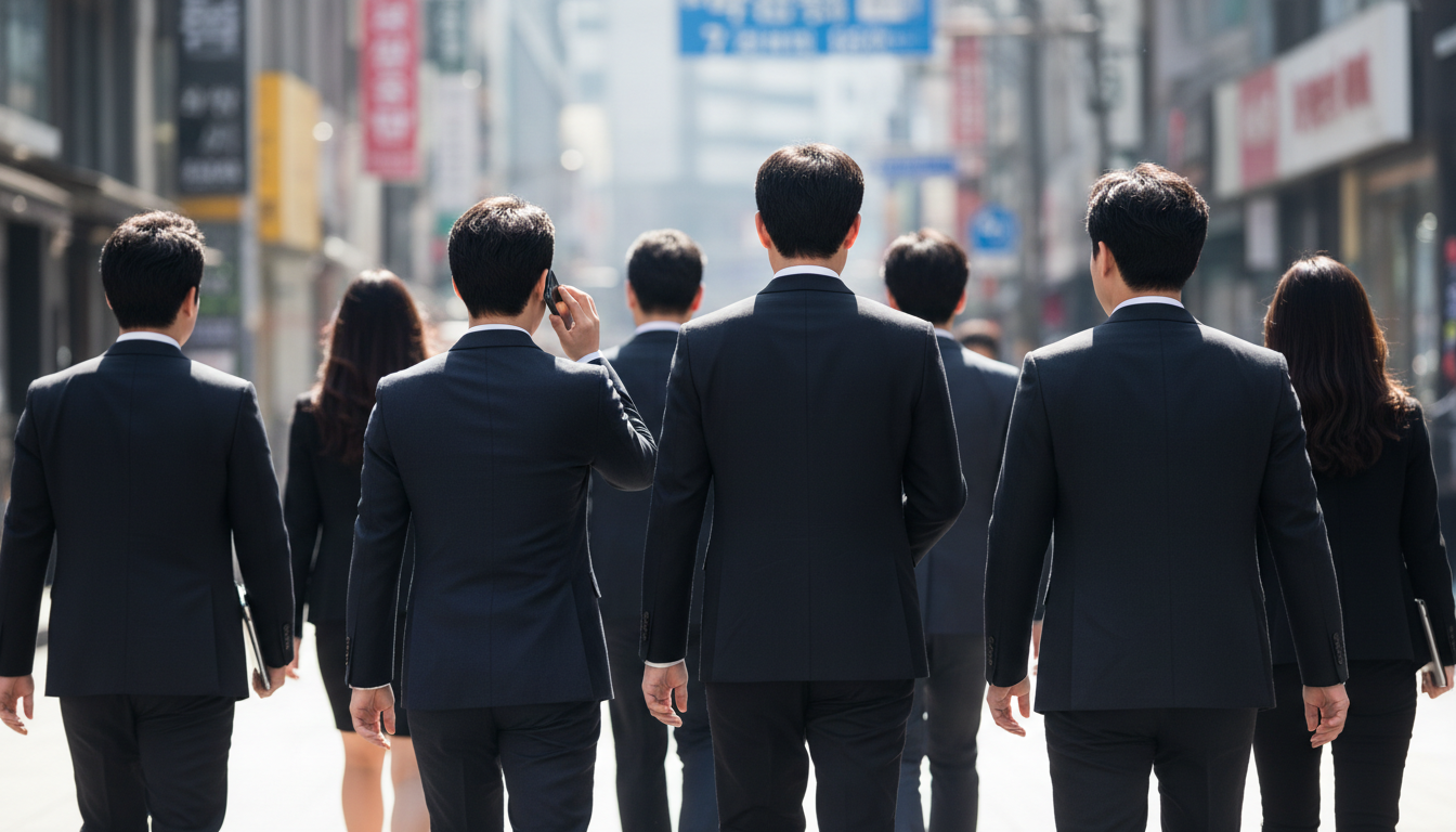 증권가 거리를 걷는 정장 차림의 직장인들