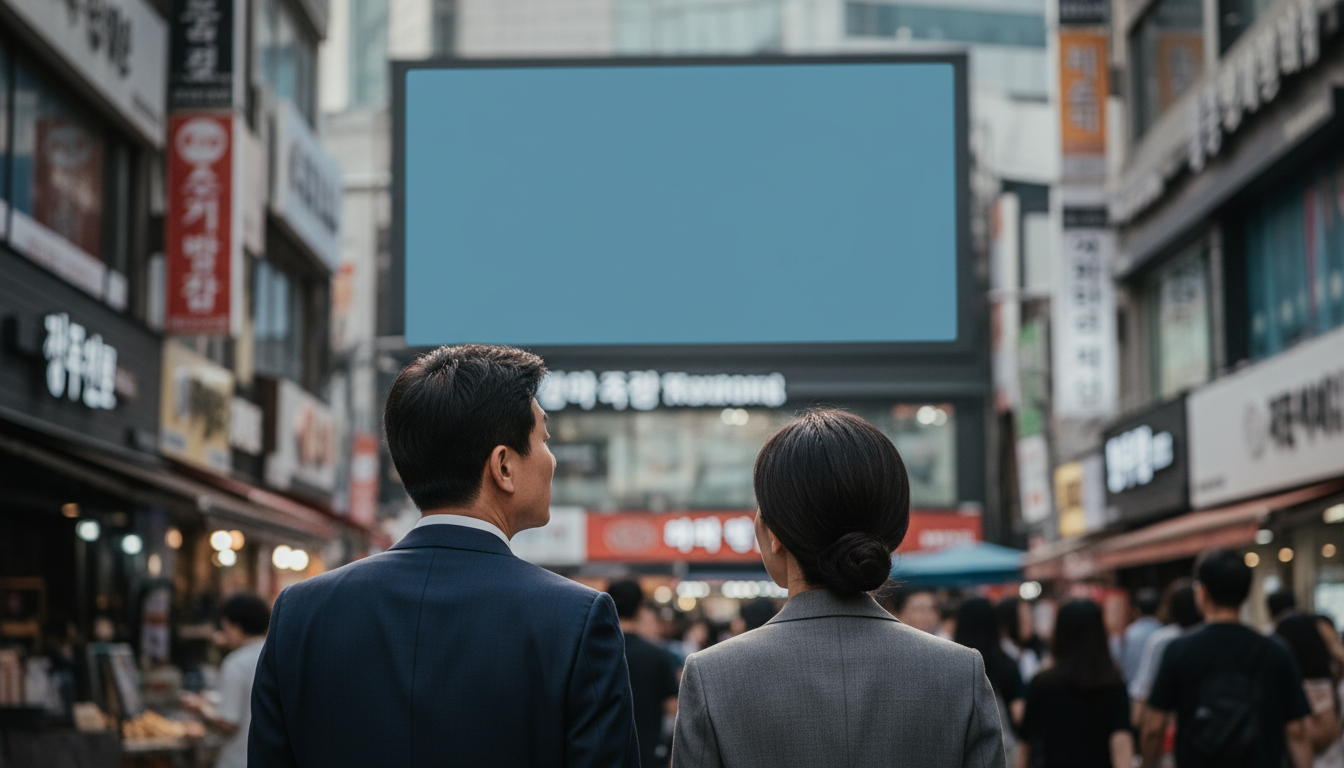 전광판을 보며 번화가를 걷는 직장인들