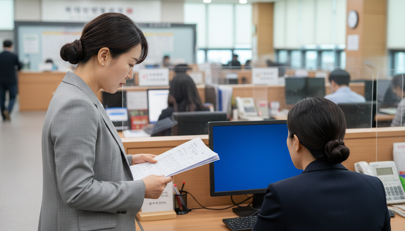 세무서에서 서류를 들고 상담받는 소상공인