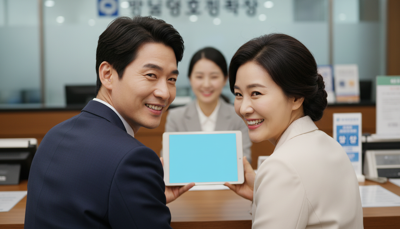 은행 창구에서 태블릿을 보며 미소 짓는 부부