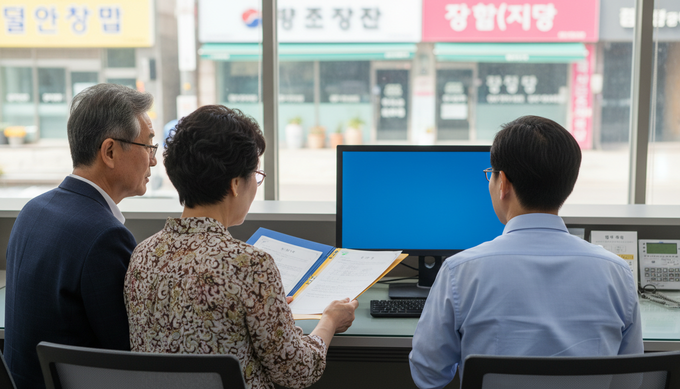 주민센터 창구에서 상담받는 노부부와 공무원