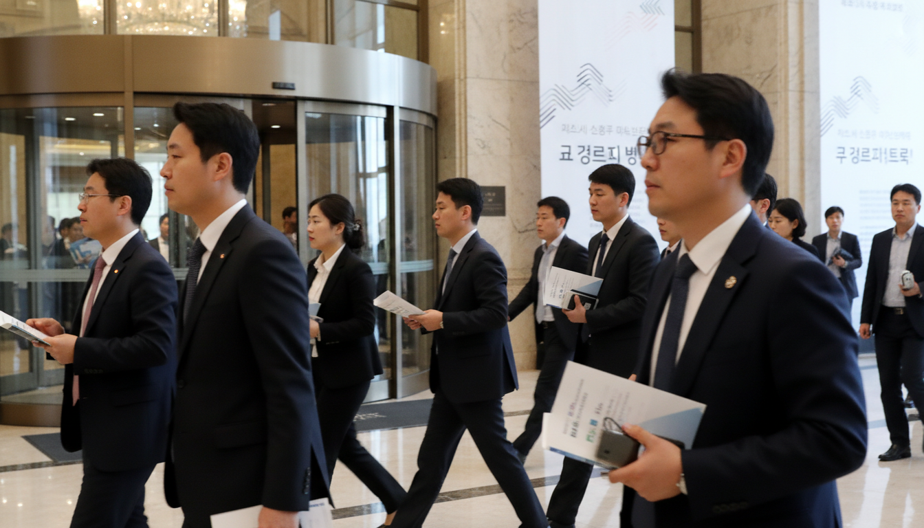 호텔 로비에서 팸플릿을 들고 이동하는 사람들