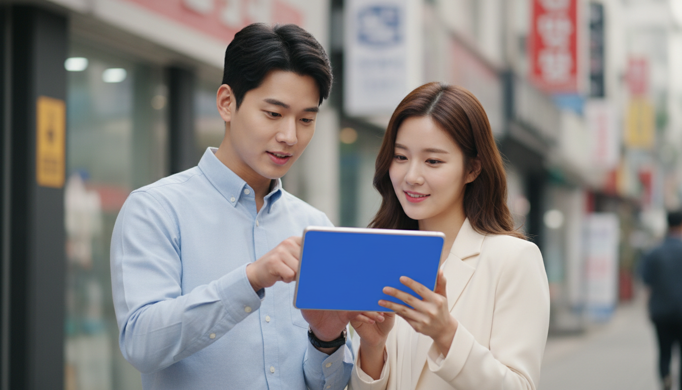 한국 거리에서 태블릿을 보며 대화하는 커플