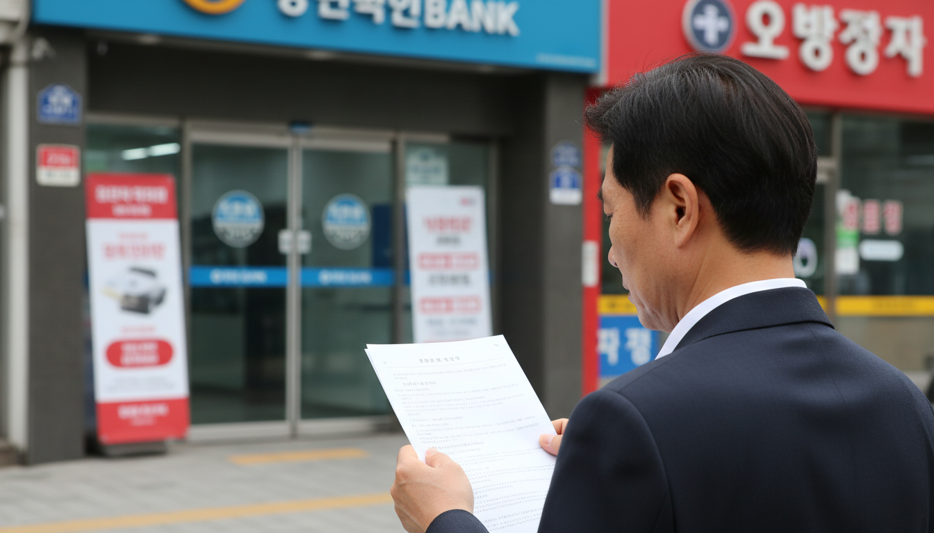 은행 영업점 안내문을 읽는 중년 투자자