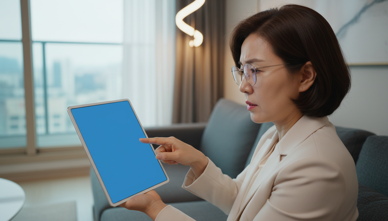 소파에 앉아 태블릿의 그래프를 보는 여성