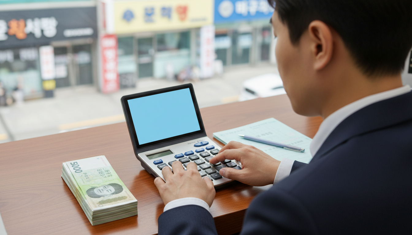 은행 창구에서 계산기를 두드리는 직장인의 손