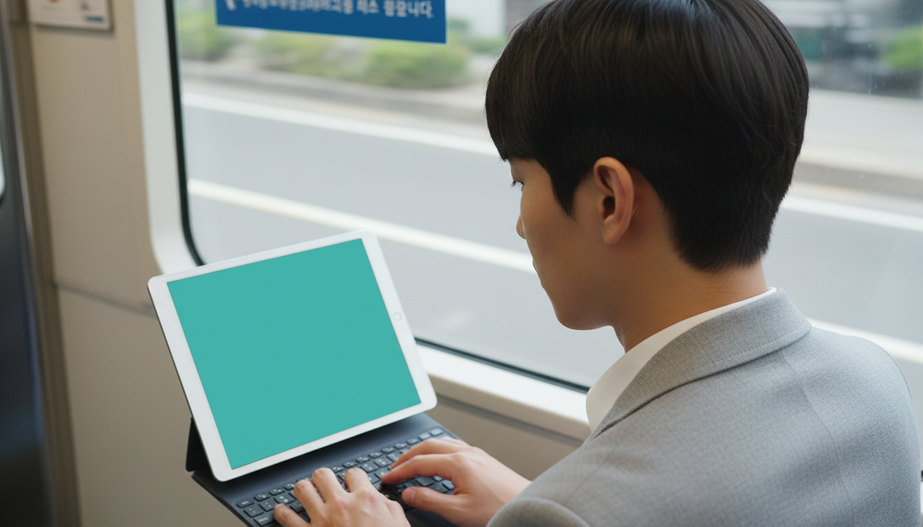 지하철에서 태블릿 키보드를 두드리는 대학생