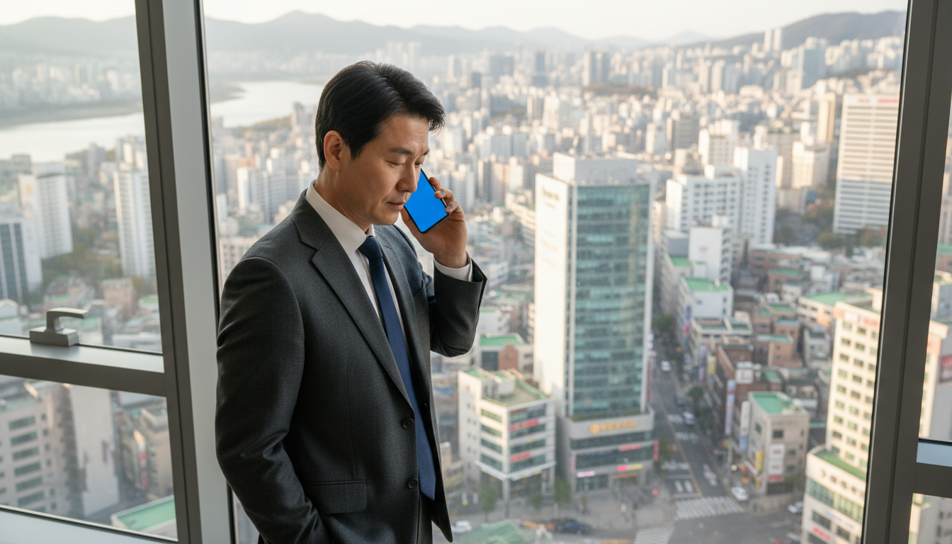 사무실 창가에서 통화하며 도심을 보는 남성