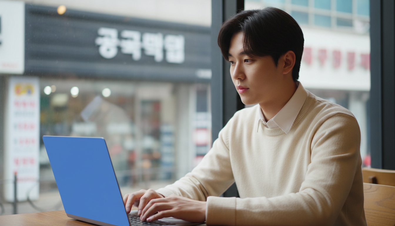 카페 창가에서 노트북을 사용하는 대학생