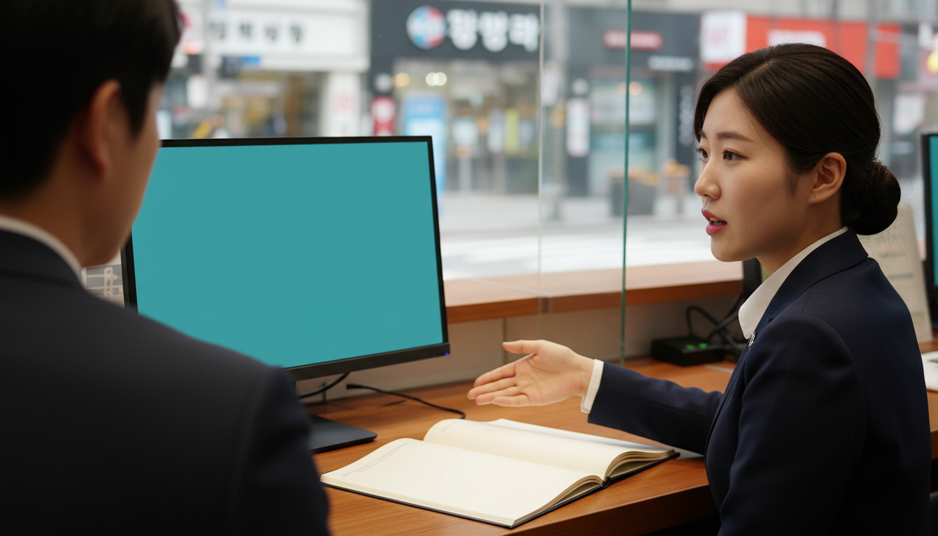 증권사 창구에서 안내장을 설명하는 직원