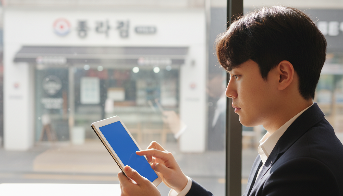 카페 창가에 앉아 태블릿을 보는 대학생