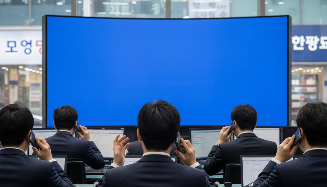 한국거래소 시황판 앞 바쁘게 통화하는 딜러들