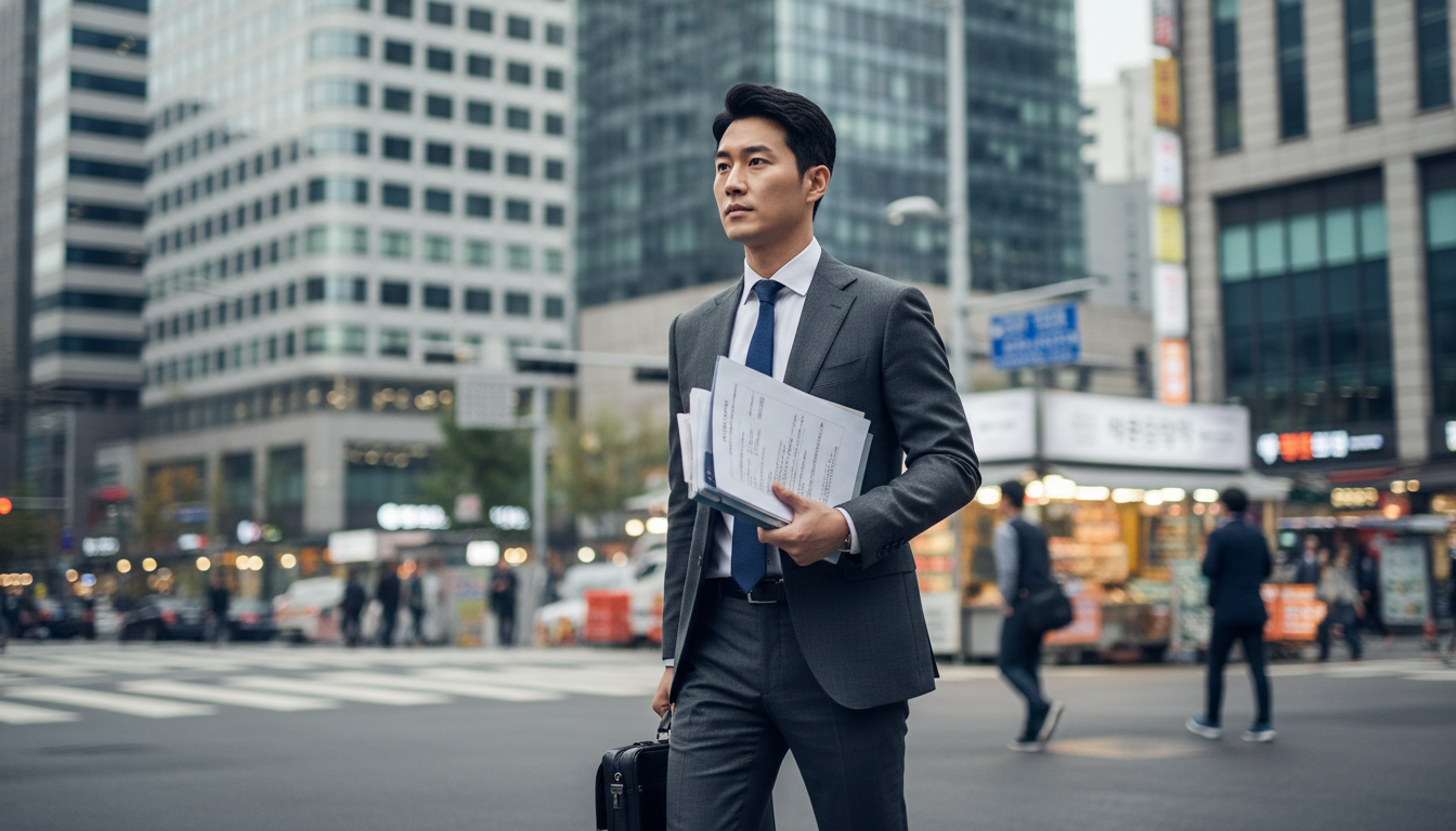 금융가에서 서류를 들고 바쁘게 걷는 투자자