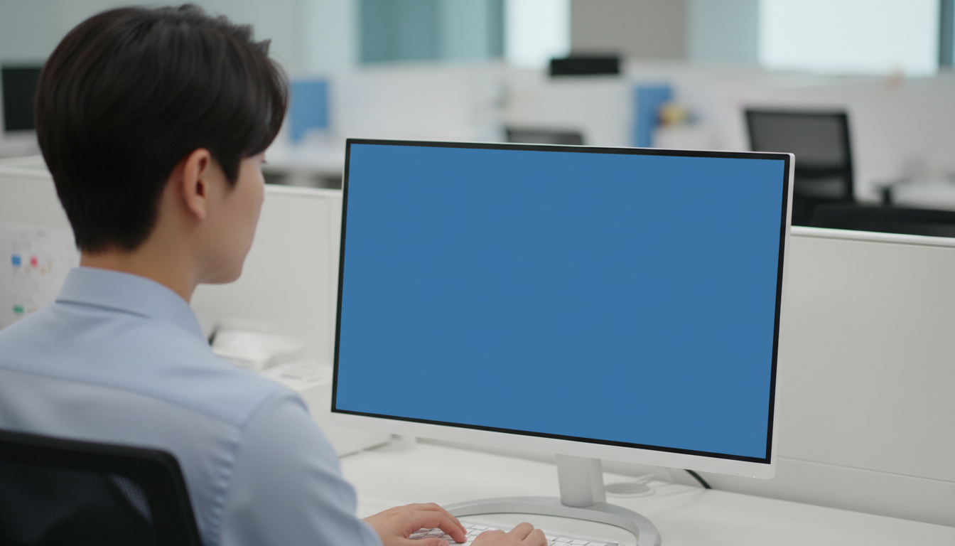 문서 창을 열고 키보드를 타이핑하는 직장인