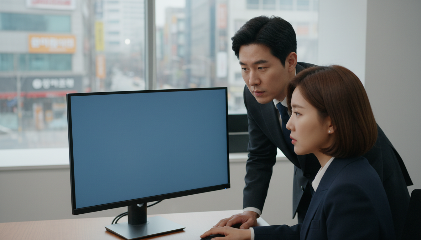 주가 차트를 보며 대화하는 남녀 펀드매니저