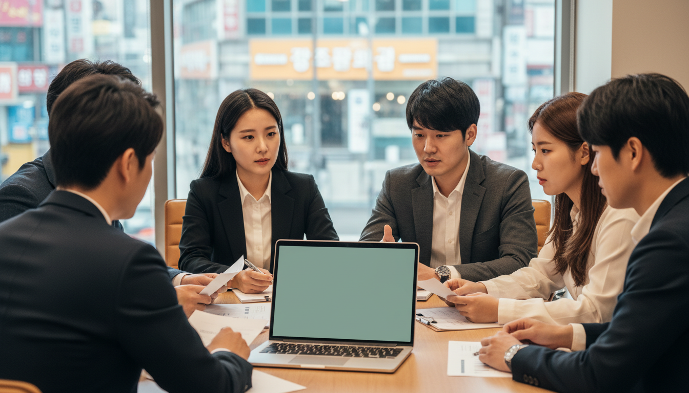 회의실에서 노트북을 보며 회의하는 직장인들