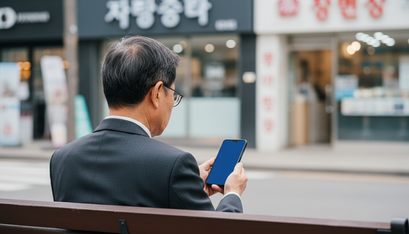 벤치에서 스마트폰으로 통장을 확인하는 노인