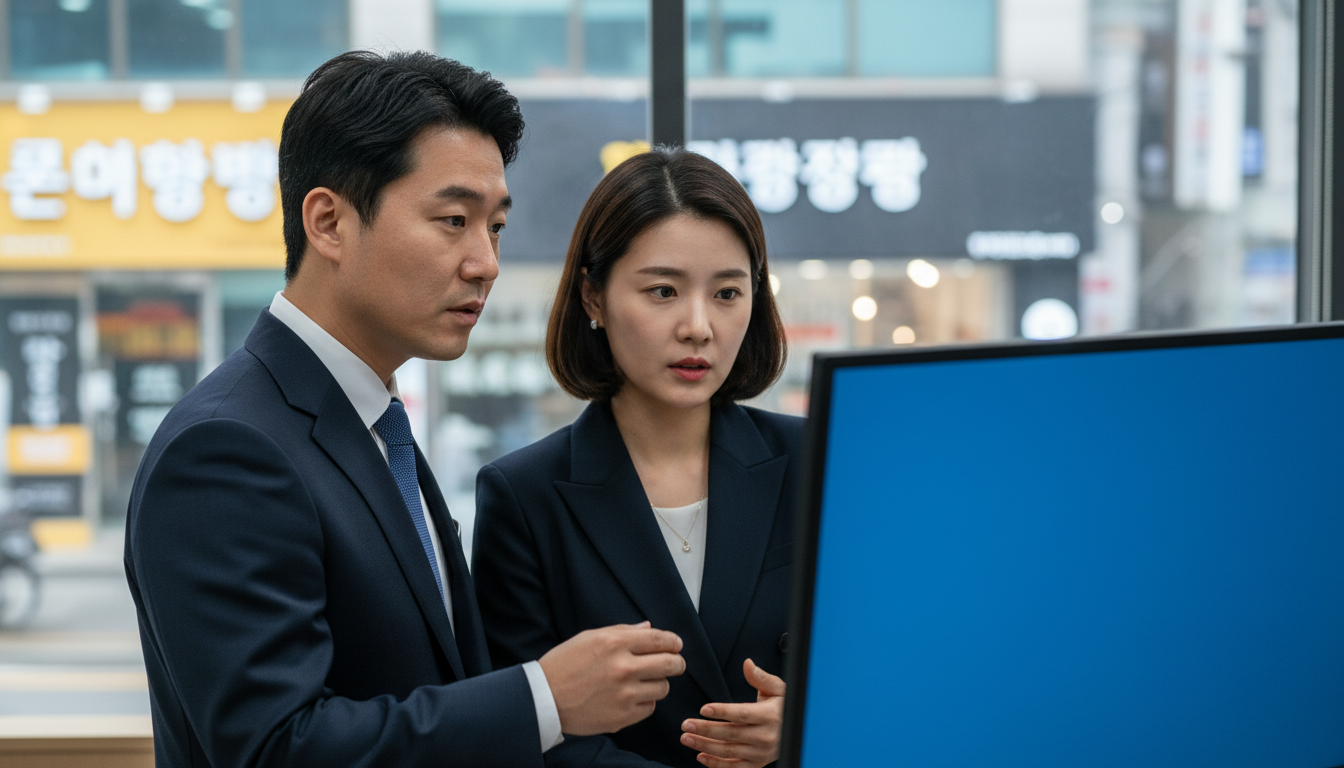 시세 모니터 앞에서 대화하는 애널리스트들