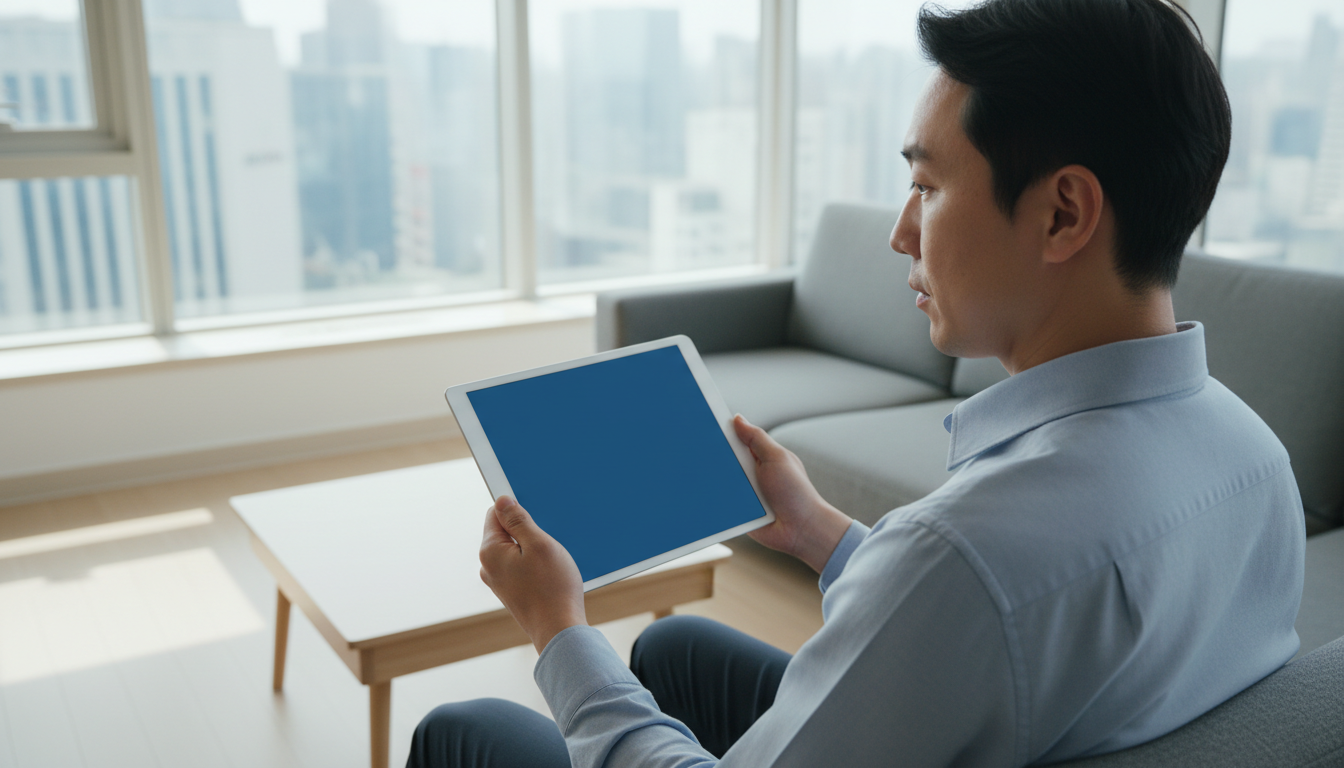 태블릿 속 동양풍 서양인 그림을 보는 남성