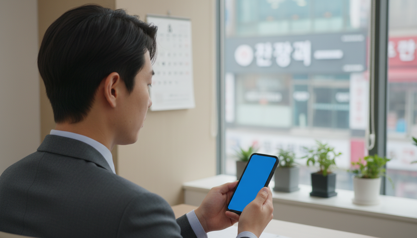 스마트폰으로 홈택스 앱을 확인하는 청년