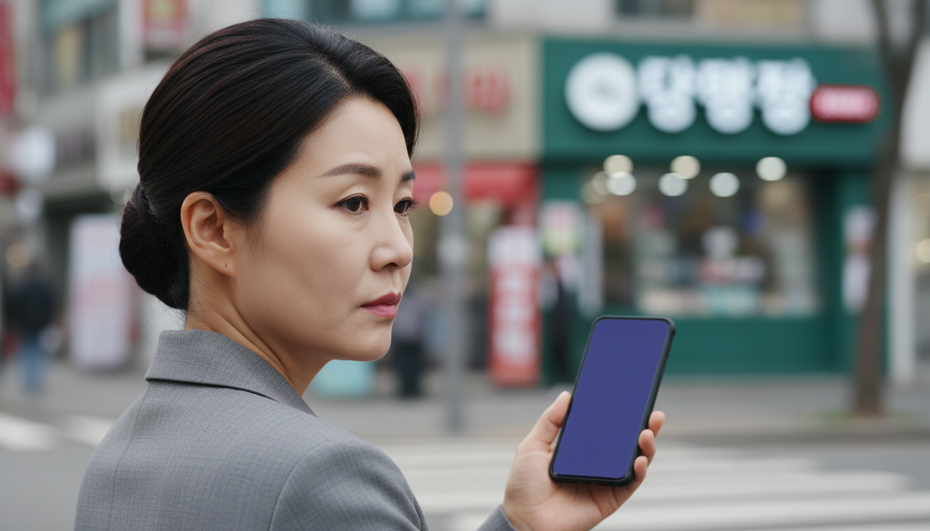 스마트폰 연금 계산 앱을 보는 50대 여성