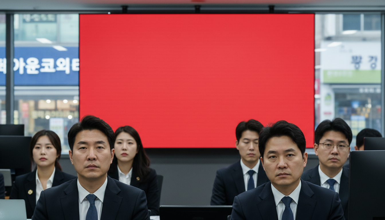 붉은 전광판을 바라보는 증권사의 투자자들