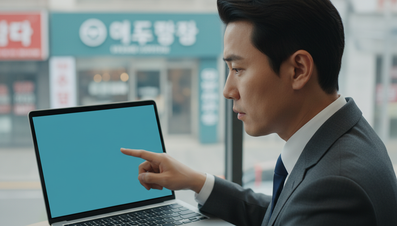 노트북 속 정리된 폴더 목록을 가리키는 손