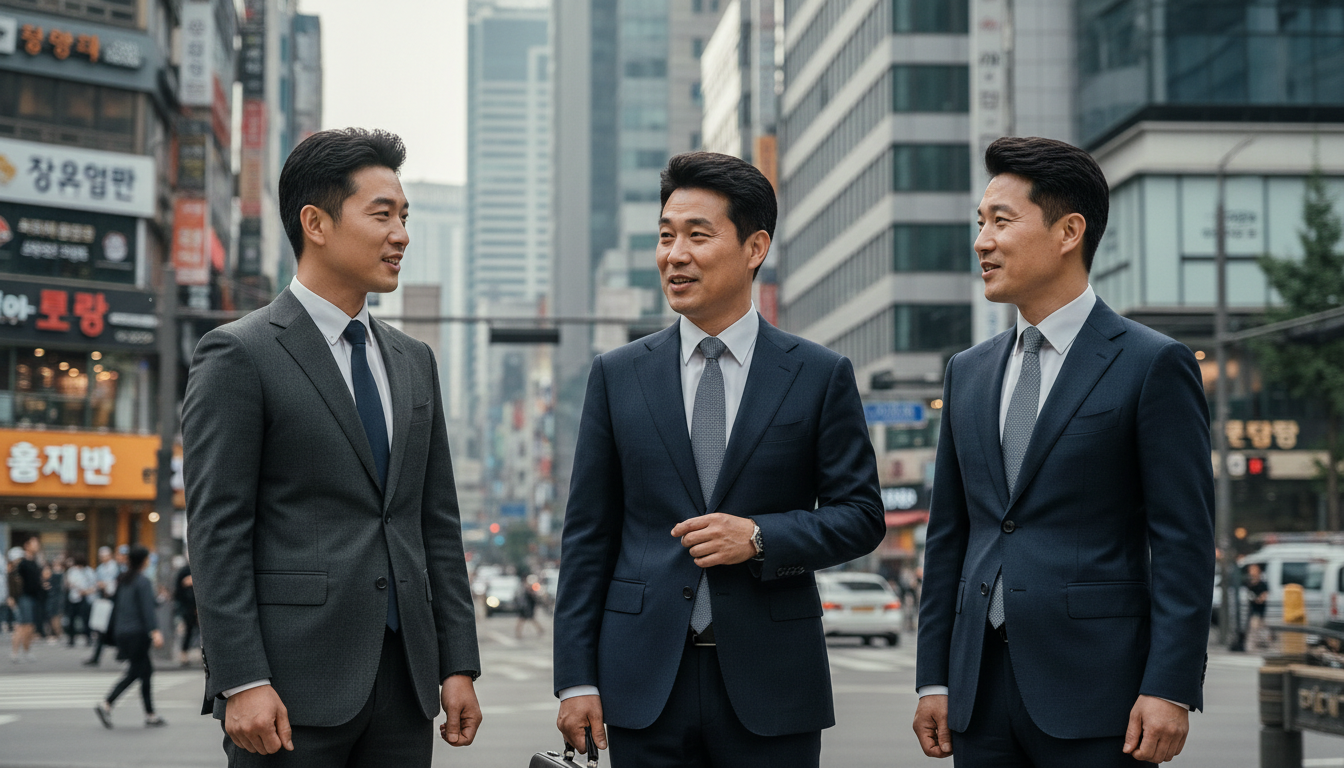 빌딩 숲을 배경으로 대화하는 정장 남성들