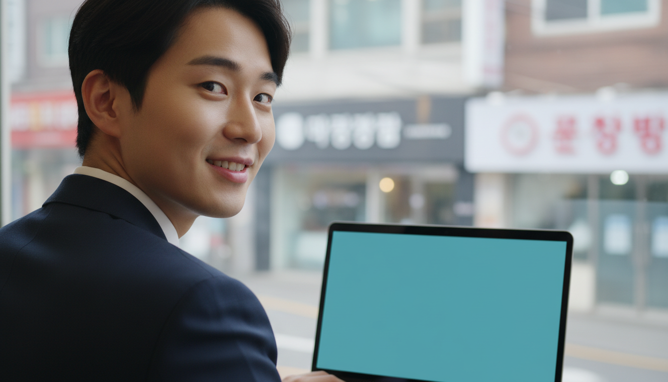 노트북에 눈동자 화면을 띄우고 웃는 직장인