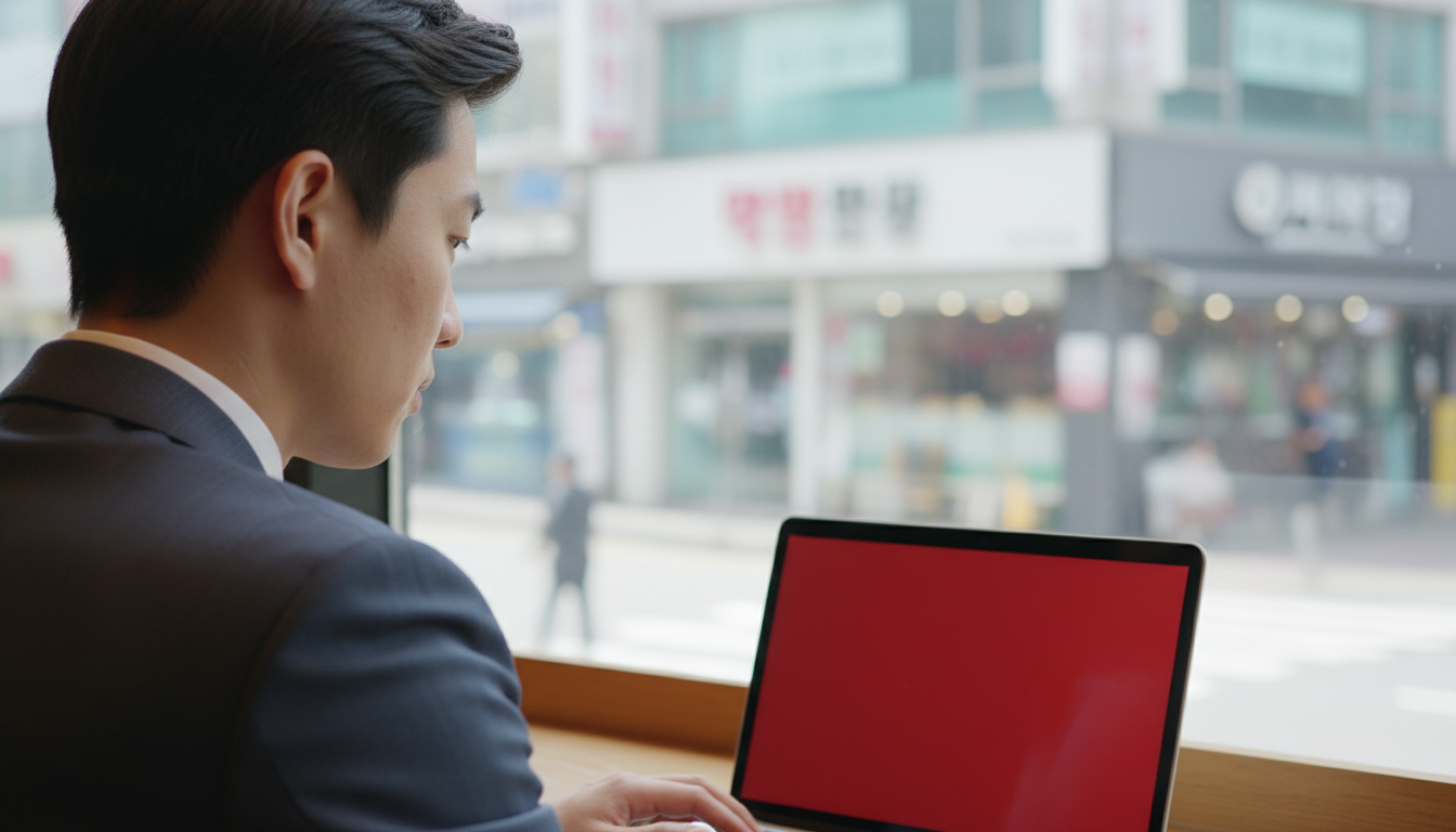 카페에서 노트북으로 공시를 확인하는 청년