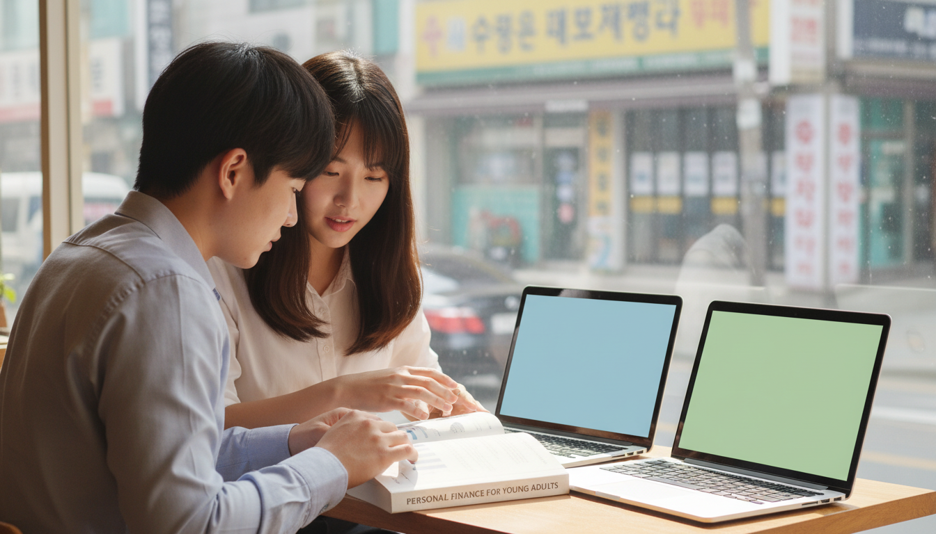 카페에서 노트북과 책을 보며 토론하는 남녀