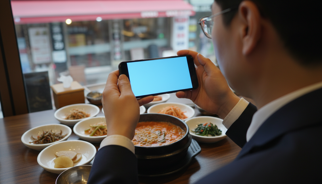 식사하며 스마트폰으로 주식을 확인하는 손