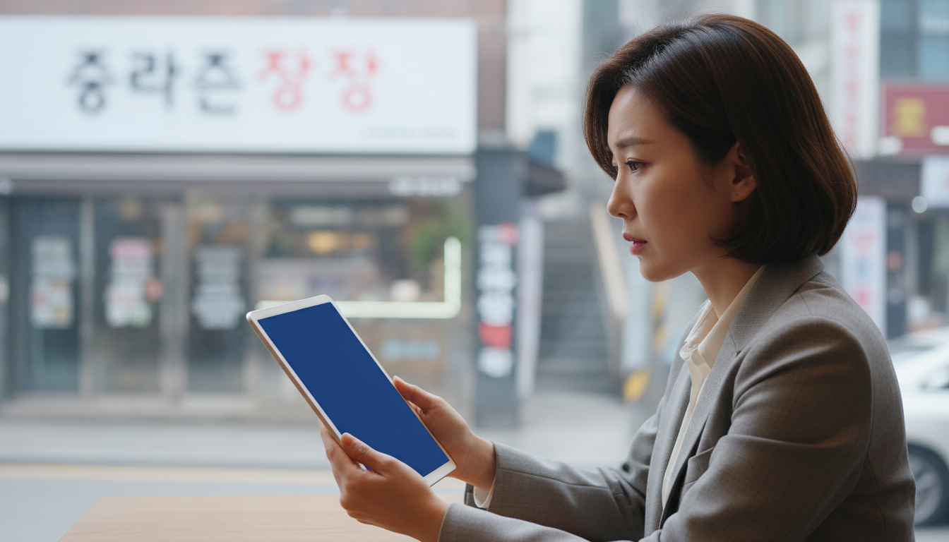 태블릿으로 경제 뉴스를 읽으며 고민하는 여성