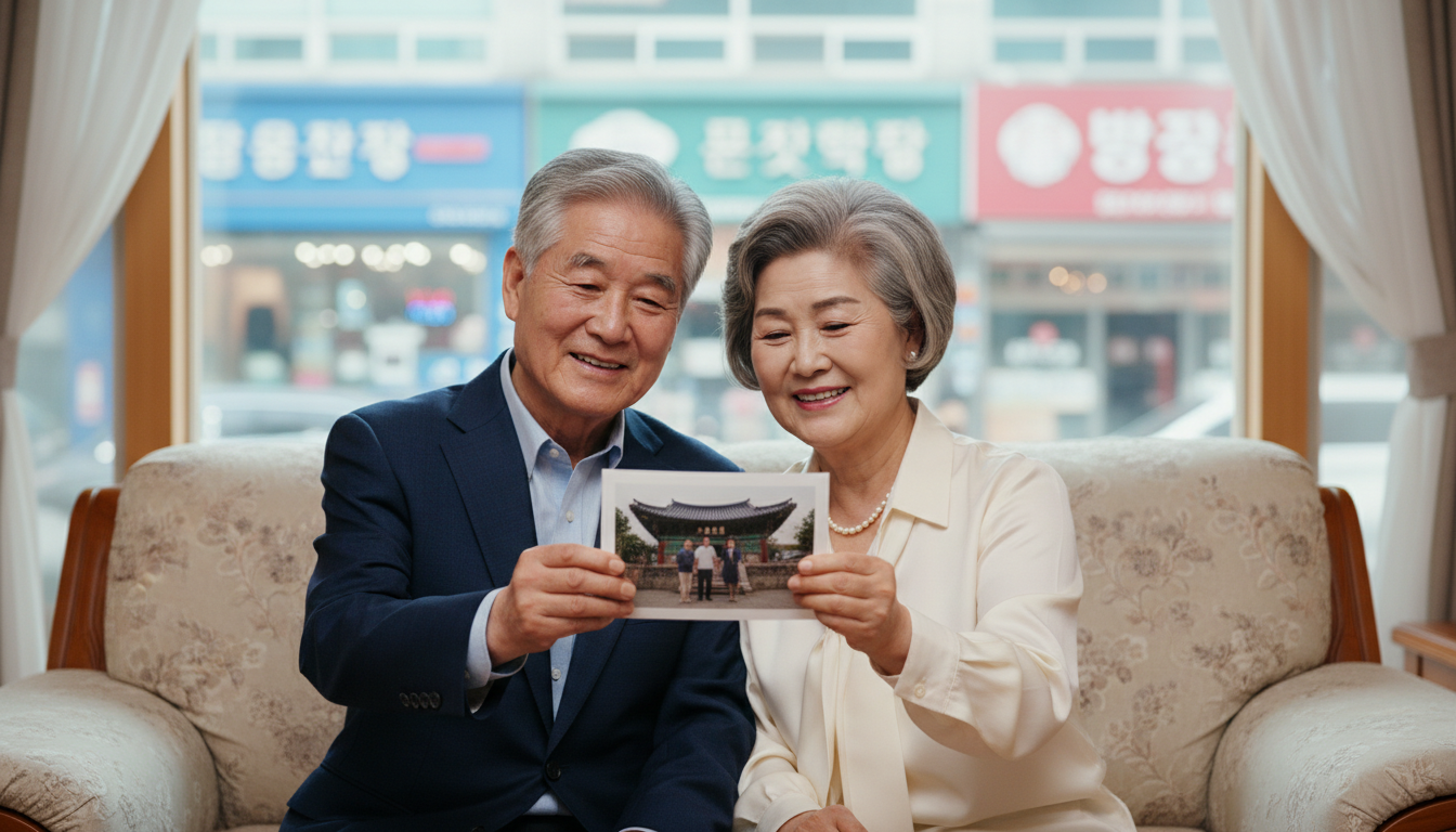 소파에 앉아 인쇄한 사진을 들고 웃는 노부부