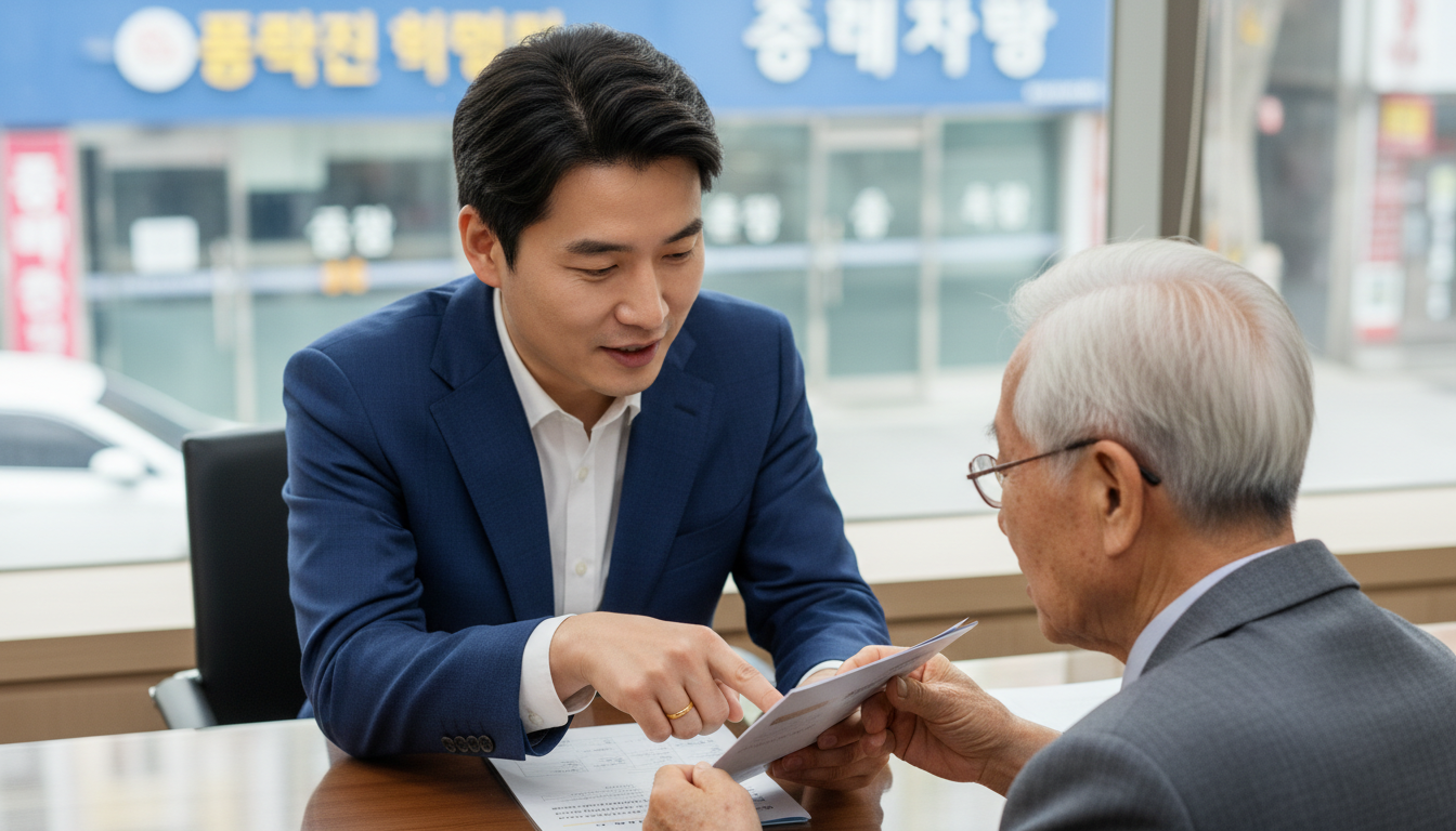 민원 창구에서 어르신에게 설명하는 공무원