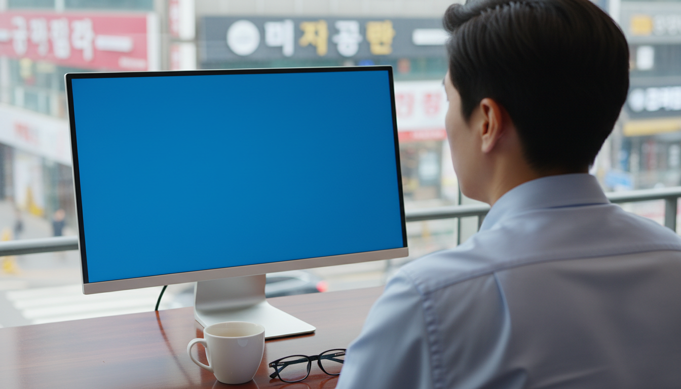 모니터 앞 안경과 커피잔이 놓인 직장인 책상