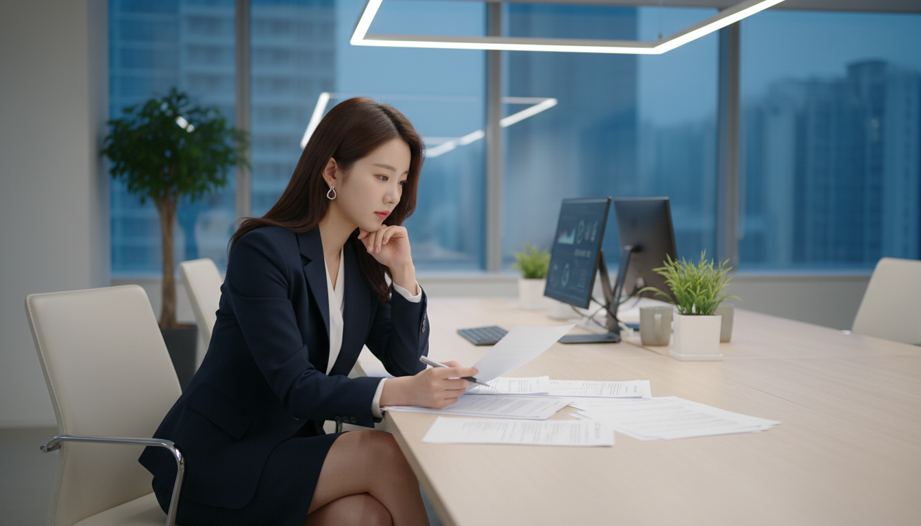 턱을 괸 채 서류를 꼼꼼히 확인하는 직장인