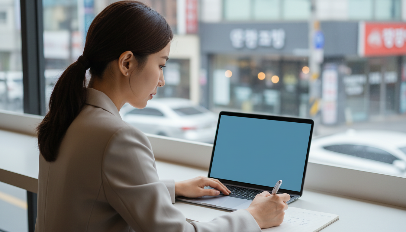 카페에서 노트북을 보며 메모하는 여성 투자자