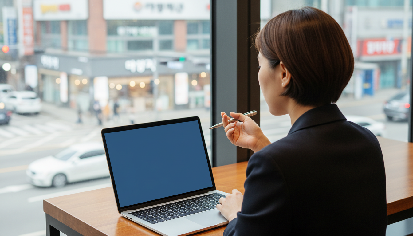 카페에서 노트북으로 증권 리포트를 읽는 여성
