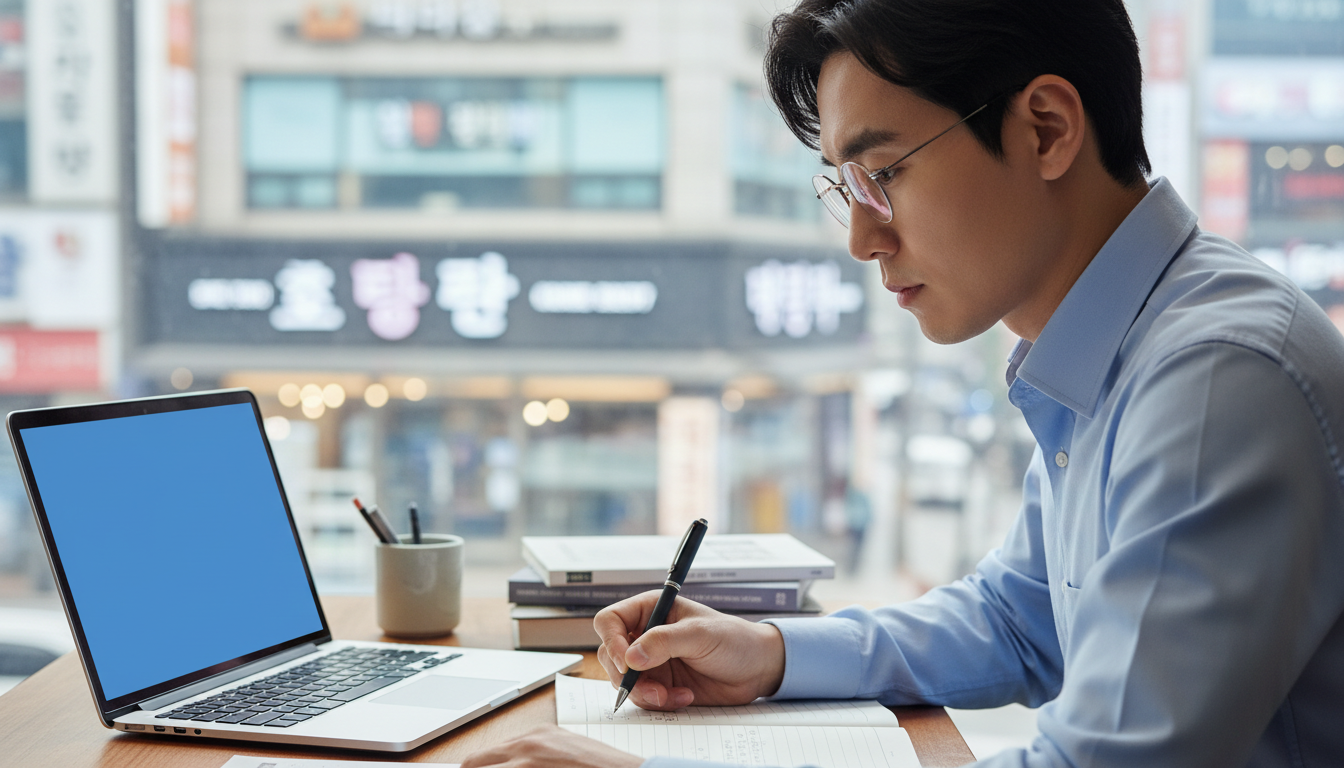 책상에서 하락장 대응 전략을 노트에 적는 투자자