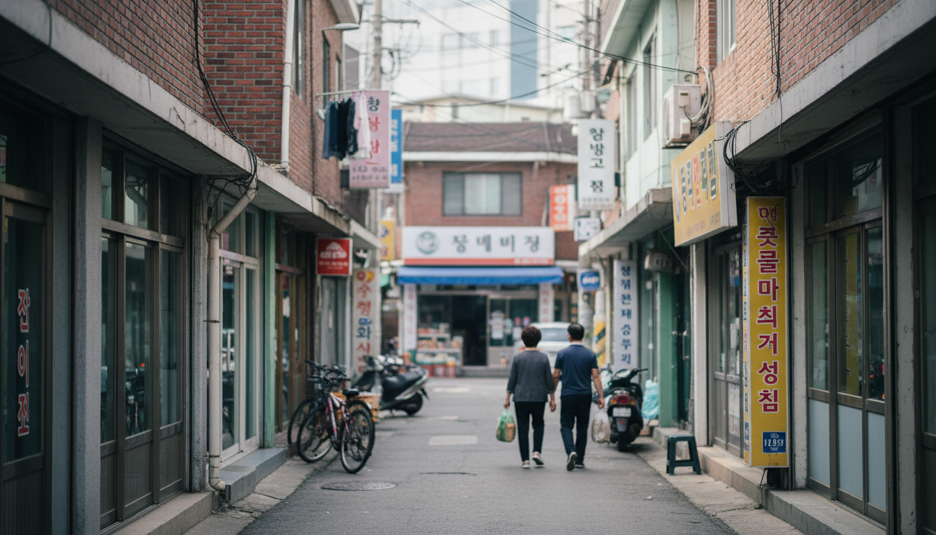 한글 간판이 늘어선 주택가 골목길
