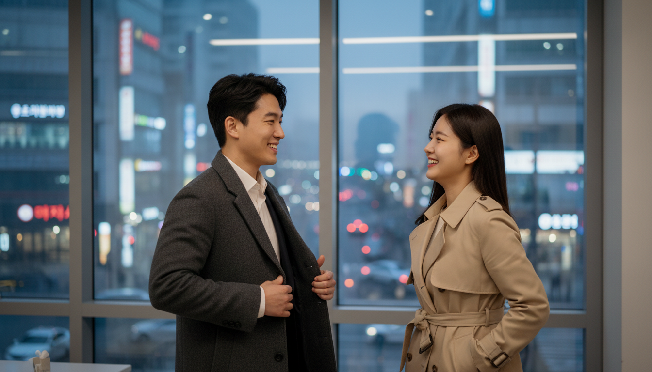 늦은 저녁 퇴근하며 환하게 웃는 남녀 직장인