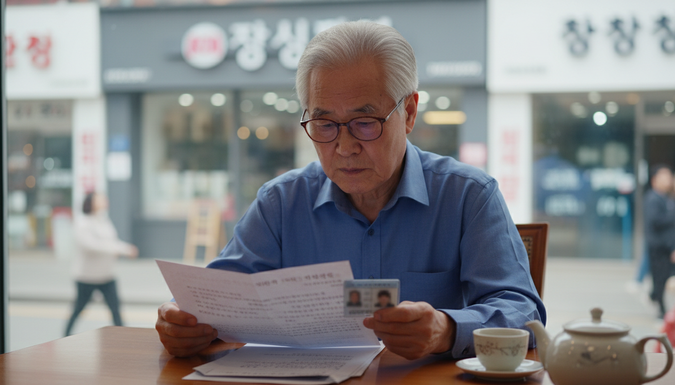 돋보기안경을 쓰고 안내문을 확인하는 남성