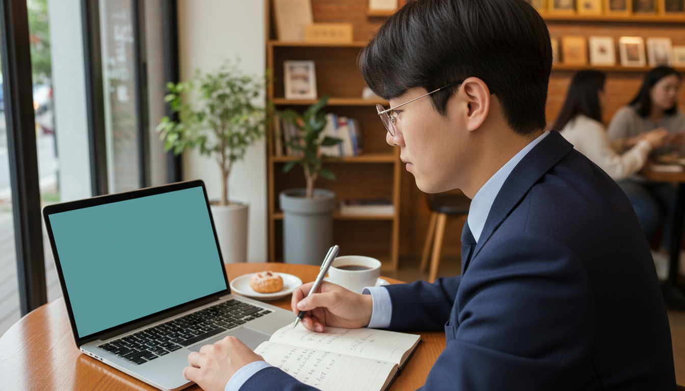 노트북으로 주식 화면을 보며 메모하는 청년