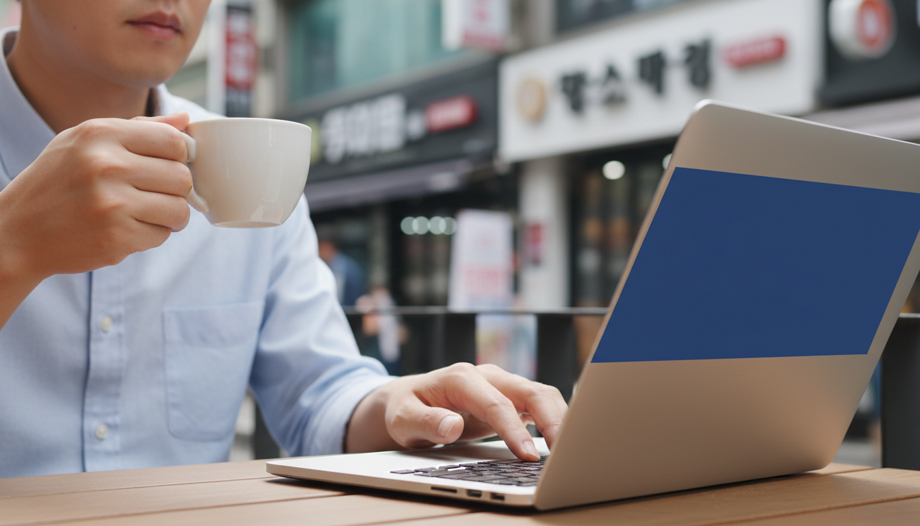 커피를 들고 맥북 트랙패드를 조작하는 손
