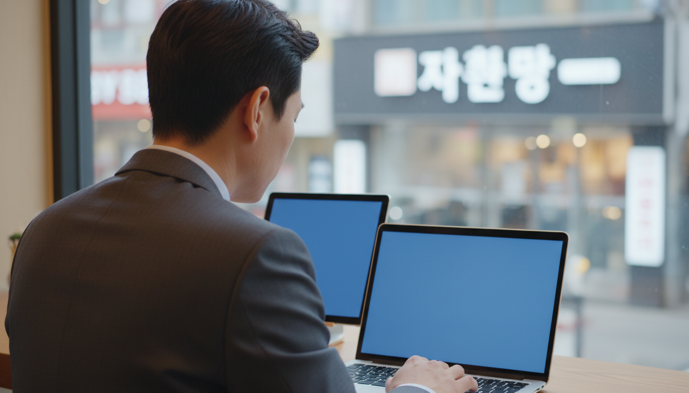 카페에서 노트북과 태블릿을 보는 직장인