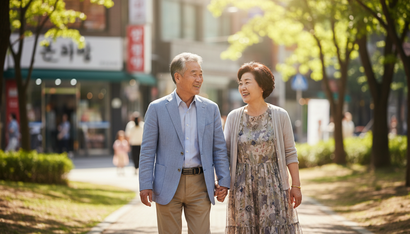 맑은 날 도심 공원을 산책하는 노부부