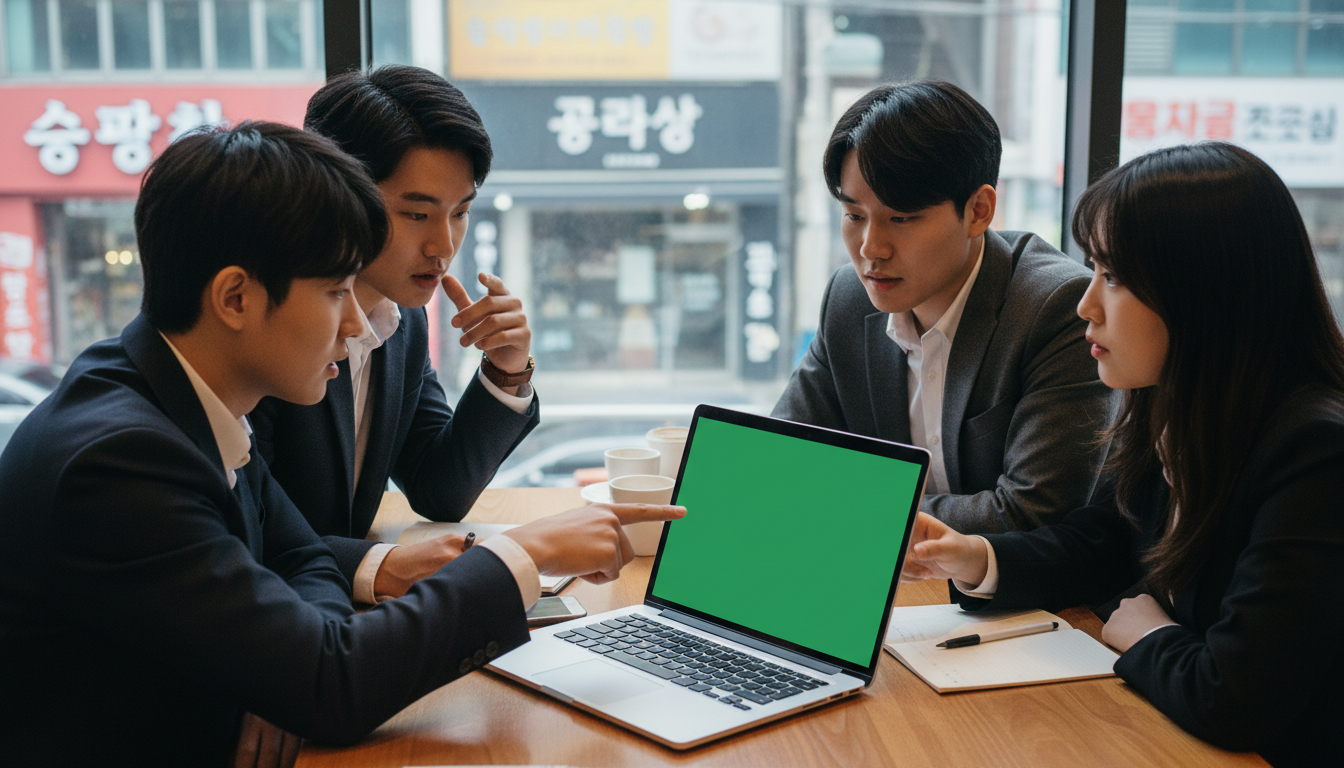 노트북을 보며 주식 토론을 하는 대학생들
