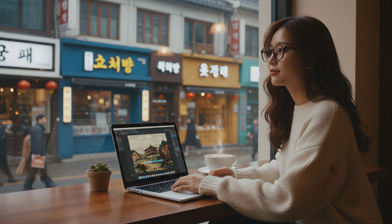 카페에서 노트북으로 완성작을 저장하는 학생