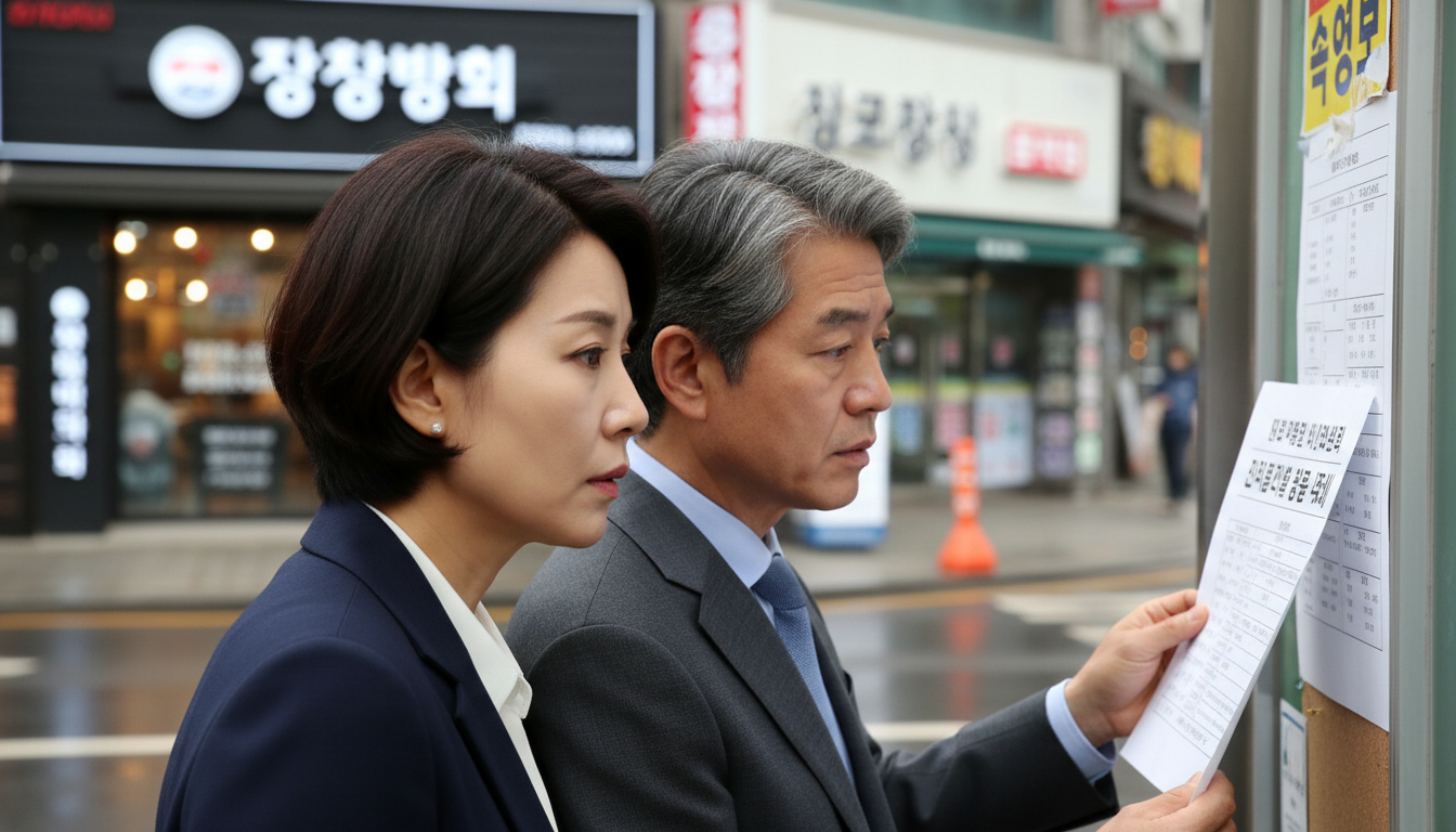 시청 게시판에서 안내문을 읽는 중년 부부